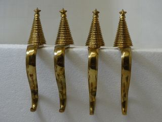 " Vtg " Set (4) Modern 3d Cone Brass Christmas Tree Stocking Holders Hangers Hooks