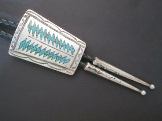 Vintage Turquoise And Sterling Silver Bolo Tie Wilson & Carol Begay Inlay