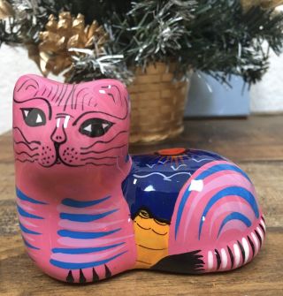 Isidoro Mexico Folk Art Cat,  Glazed Clay Pink & Blue