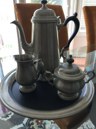 Vintage Onedia Pewter Tea Set Pot Sugar Bowl,  Creamer And Carrying Tray