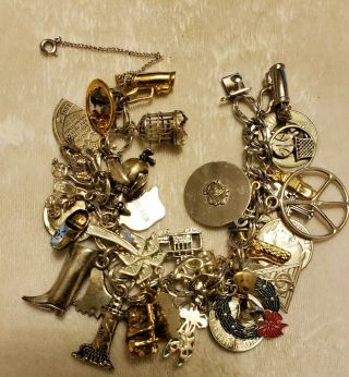 Vintage Sterling Silver Charm Bracelet Loaded With Charms 76 Grams