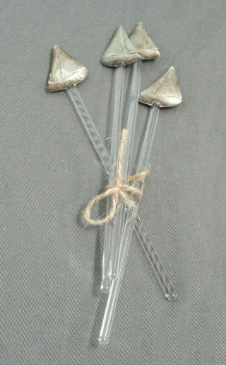 4 Glass Swizzle Stir Sticks With Metal Sail Boats On Top - 7 " Long Each - 91