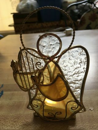 Stained Glass Angel Votive Tea Light Candle Holder 6 " Yellows/clear Gold Metal