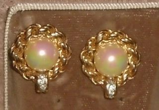 Vintage Christian Dior " Pearl " & " Diamond " Rhinestone Clip Earrings Gold Signed
