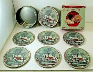 Vintage Currier & Ives Winter Scenic Coasters In Tin Container & Box Set Of 6