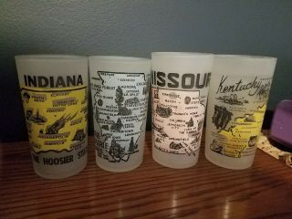 Set Of 4 Vintage Frosted State Souvenir Glasses Indiana,  Missouri,  Kentucky,  Il