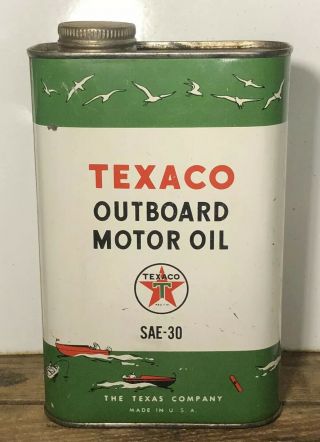Vtg 1950s Texaco Outboard Motor Oil 1 Quart Oil Can Tin Square Boat Graphic