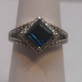 Estate 1.  3 Cts London Blue Topaz & Diamond 925 Sterling Silver Halo Ring Size 8