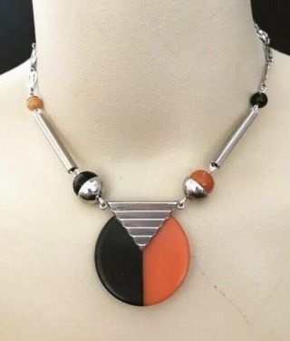 Vintage Art Deco Orange & Black Phenolic Bakelite Geometric Modernist Necklace