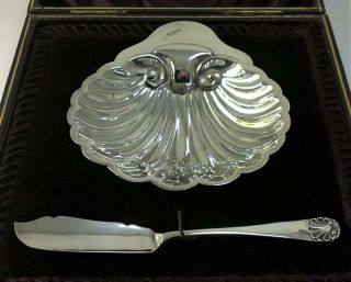 Cased Victorian Hallmarked Sterling Silver Shell Butter Dish & Knife – 1898
