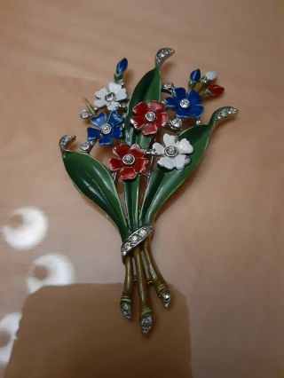 Vtg Crown Trifari Alfred Philippe Enamel Flower Rhinestone Fur Clip Brooch Pin