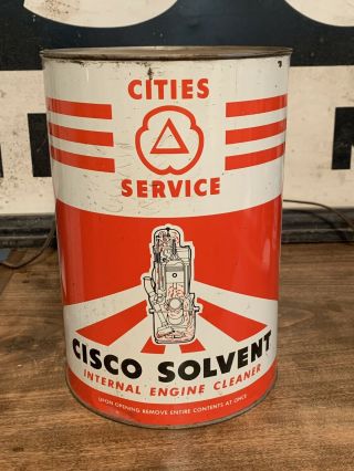 Vintage Cities Service Cisco Solvent 5 Qt Metal Can Gas Station Sign - Empty