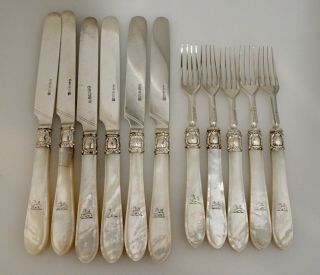 1859 Solid Sterling Silver Mother Of Pearl Fruit Knives & Forks - 57996