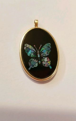 Antique Victorian 585 14k Gold Black Opal Inlaid Butterfly Micro Mosaic Pendant