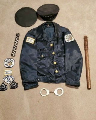 Vintage Chicago Police Jacket,  Baton,  Hat,  Handcuffs,  Patches