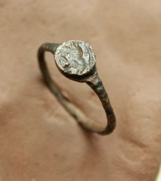 Ancient Roman Bronze Intaglio Ring D Int.  = 17mm Lion