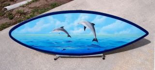 Dolphin Surfboard Wall Art Hand Painted Handcrafted Wooden Carved Porpoise Decor