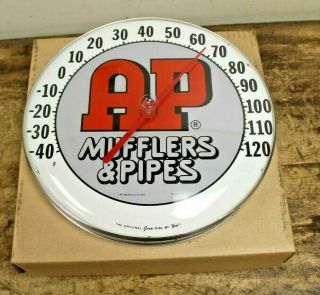 Vintage 1970s Ap Mufflers & Pipes Exhaust Gas Station 12 " Metal Thermometer Sign