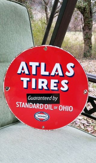 Atlas Tires Porcelain Sign Usa 62 Sohio Standard Oil Gasoline Vintage Pump Plate