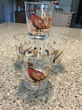 A Set Of Libby Pheasant And Duck Vintage High Ball Low Ball Glassware 3.  5 X 4 "