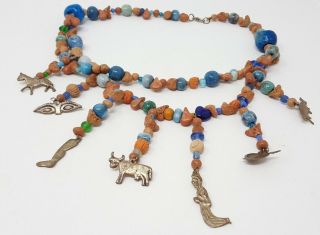 Vintage African Clay Beaded Multistrand Blue Charm Necklace