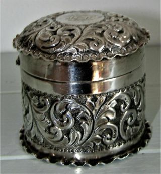 Antique Repoussé Solid Sterling Silver Round Trinket Box Fine Birmingham 1910