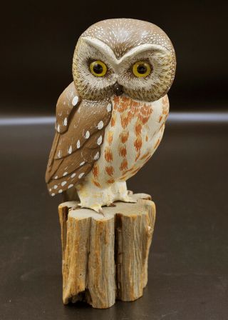 Robert And Virginia Warfield Hand Carved & Painted " Saw - Whet Owl " Jaffrey,  N.  H.