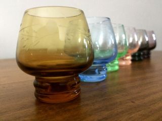 Vintage Mid - Century Etched Brandy Snifter Shot Glasses Multi - Colored (Set of 6) 3