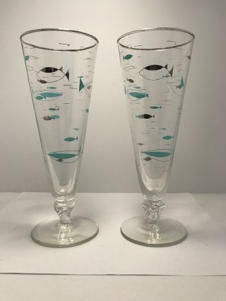 Vintage Mcm Tall Beer Glasses With Teal And Silver Fish