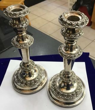 Pair Antique Victorian Old English Sheffield Silver Plate Acanthus Candlesticks
