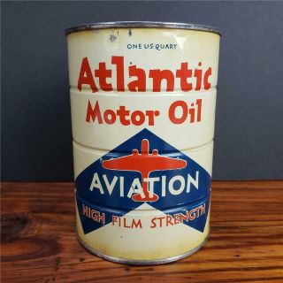 Vintage NOS FULL ATLANTIC AVIATION MOTOR OIL CAN 1qt.  METAL gas sign 2