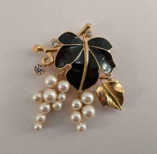Vintage Trifari Kunio Matsumoto Black Enamel Rhinestone Pearl Leaf Dangle Brooch
