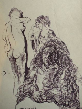 German Art,  Vintage Surrealist Ink Painting,  Nudes Portrait,  Signed Max Ernst