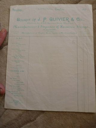 Old Shop Receipt Jp Guivier Harmonic Strings Famous Violin Guitar Shop 1890s