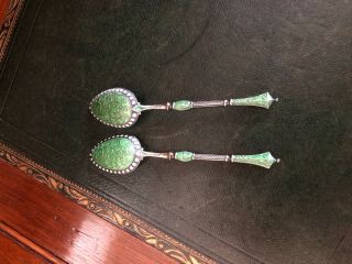 Antique Marius Hammer Green Cloisonne Enamel 930s Silver Spoons