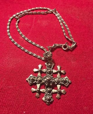 Vintage Sterling Silver Cross Necklace Ornate Modernist Marked 