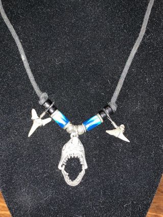 Shark Tooth Necklace With Beads And Shark Head On Adjustable Leather Cord 11” L
