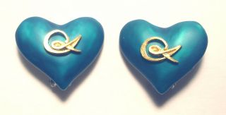 Stunning Christian Lacroix Teal Blue Logo Heart Gold Tone Earrings France