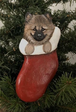 Wood Carved Norwegian Elkhound / Keeshond Puppy Dog Christmas Ooak Lisa Rogers