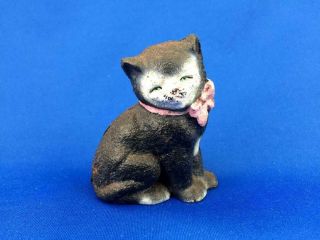 Vintage Cast Iron Miniature Black Kitty Cat W Pink Bow,  Green Eyes,  Paperweight