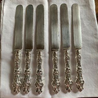 6 Wallce Irian pattern antique sterling silver knives.  9 1/2” long. 2