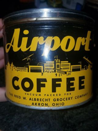 Airport Coffee Tin Akron Ohio Albrecht Grocery Blimp Airplane Graphics