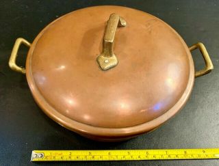 Vintage Solid Copper Pot With Tin Lid.  9 1/2 " X 8 1/2 ".  Brass Handles.