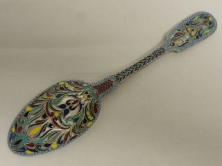 Large Antique Russian Silver 84 Cloisonne Enamel Spoon,  Circa 1880,  7.  2 Inches