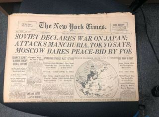 York Times Newspaper August 9,  1945 " Soviet Declares War On Japan "