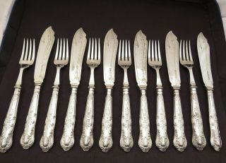 Silver Queens Pattern Fish Cutlery Set - Sheffield 1936 Large Size With Case