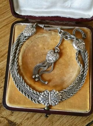 Antique Victorian Silver Albertina Watch Chain Bracelet Hearts & Tassells