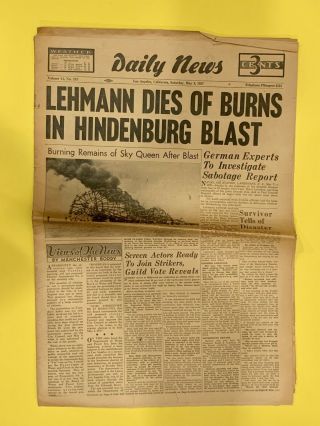 Hindenburg Disaster Vintage Newspaper May 8,  1937 Daily News Los Angeles Ca