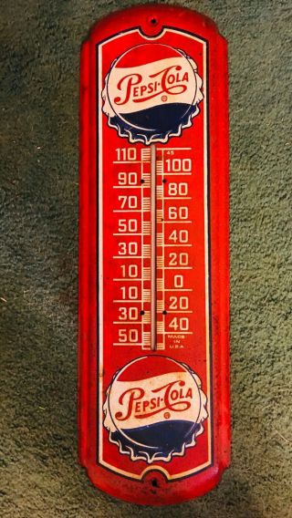 Vintage Pepsi Cola Thermometer Trade Sign W/.  2 Bottle Cap Collectible 27” X 8”