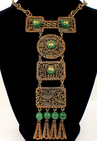 Bold Vtg Casa De Maya Signed Mexico Dangle Drop Necklace Copper Green Agate Mcm